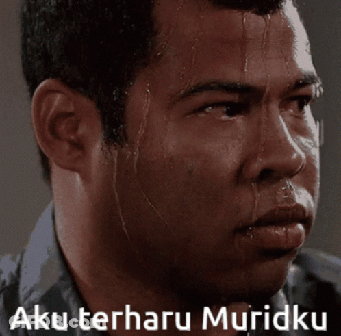 A Man With Sweat On His Face And The Words Aku Terharu Muridku Below Him GIF