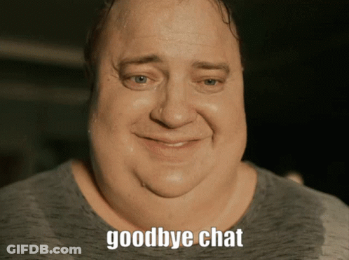 A Man With Sweat On His Face Is Smiling With The Words Goodbye Chat Below Him GIF