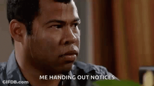A Man With Sweat Running Down His Face Is Holding Out A Notice . GIF