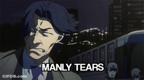 A Man With Tears Coming Out Of His Eyes And The Words Manly Tears GIF