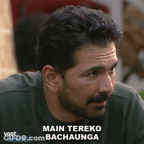 A Man With The Words Main Tereko Bachaunga Written On His Face GIF