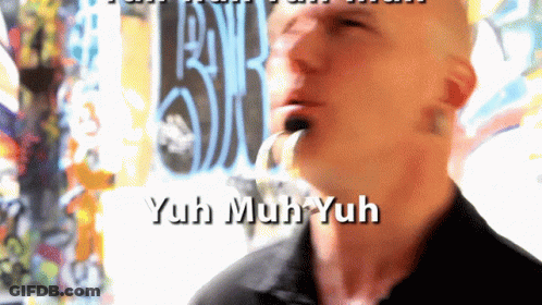 A Man With The Words Yuh Muh Yuh Written On His Face GIF