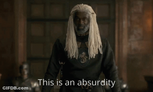A Man With White Dreadlocks Is Standing In Front Of A Sign That Says " This Is An Absurdity " GIF