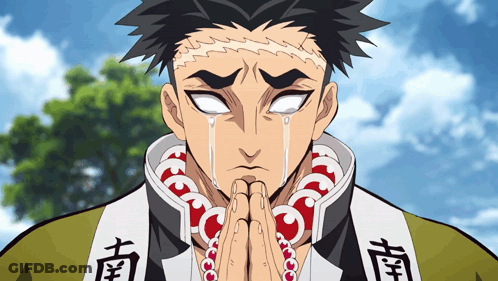 A Man With White Eyes And Chinese Writing On His Shirt Is Crying GIF