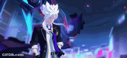 A Man With White Hair And A Purple Tie Is Standing In Front Of A Robot . GIF