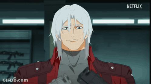 A Man With White Hair And A Red Jacket Is Smiling In A Netflix Ad GIF
