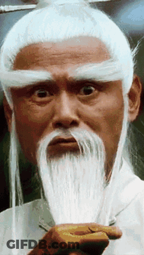 A Man With White Hair And A White Beard Looks At The Camera GIF