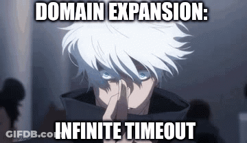 A Man With White Hair And Blue Eyes Is Holding His Finger To His Nose And Says `` Domain Expansion : Infinite Timeout '' GIF