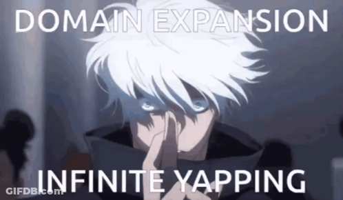 A Man With White Hair And Blue Eyes Is Holding His Finger To His Nose With The Words Domain Expansion Infinite Yapping B GIF