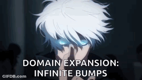 A Man With White Hair And Blue Eyes Is Looking At The Camera With The Words Domain Expansion : Infinite Bumps Below Him GIF