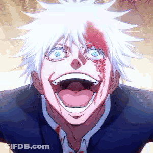 A Man With White Hair And Blue Eyes Is Making A Funny Face . GIF