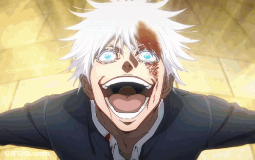 A Man With White Hair And Blue Eyes Is Screaming With His Mouth Wide Open GIF
