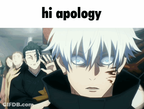 A Man With White Hair And Blue Eyes Is Standing In Front Of A Sign That Says Hi Apology GIF