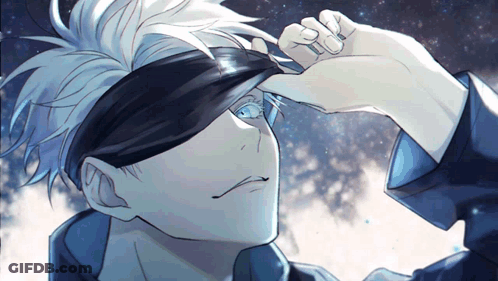 A Man With White Hair And Blue Eyes Is Wearing A Blindfold Over His Eyes GIF