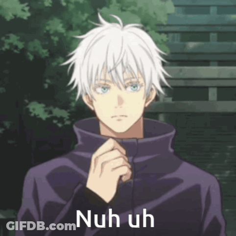 A Man With White Hair And Blue Eyes Is Wearing A Purple Jacket And A Black Shirt . GIF