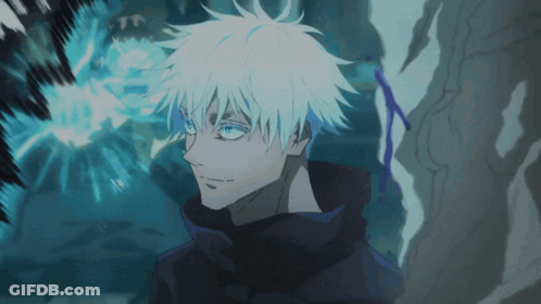 A Man With White Hair And Blue Eyes Stands In Front Of A Blue Background GIF