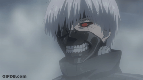 A Man With White Hair And Red Eyes Is Wearing A Mask GIF