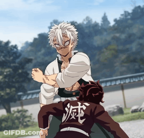 A Man With White Hair Is Fighting Another Man With Chinese Writing On His Back GIF