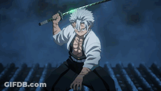 A Man With White Hair Is Holding A Green Sword In His Right Hand GIF