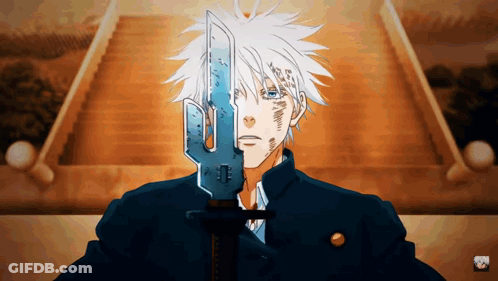 A Man With White Hair Is Holding A Large Sword In Front Of His Face . GIF
