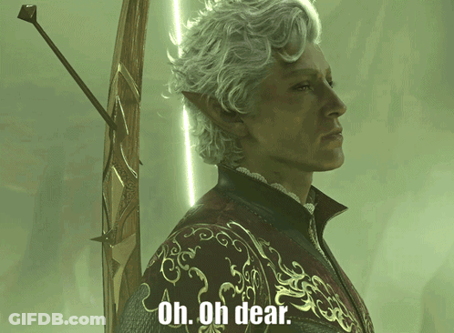 A Man With White Hair Is Holding A Sword And Says Oh Oh Dear GIF
