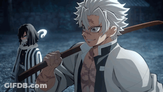 A Man With White Hair Is Holding A Sword While Another Man Stands Behind Him . GIF
