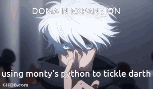 A Man With White Hair Is Holding His Finger To His Mouth With The Words Domain Expansion Below Him GIF