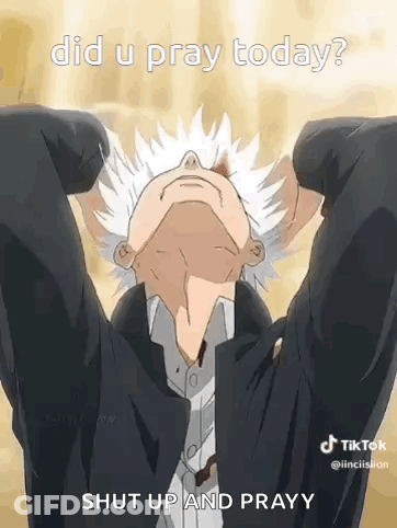 A Man With White Hair Is Looking Up At The Sky . GIF