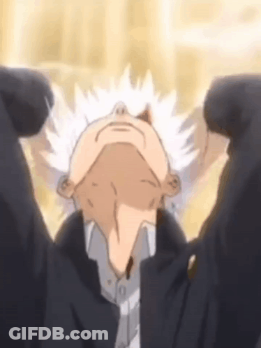 A Man With White Hair Is Looking Up With His Arms Outstretched . GIF