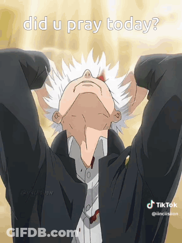A Man With White Hair Is Looking Up With His Hands Behind His Head And Says Did U Pray Today . GIF