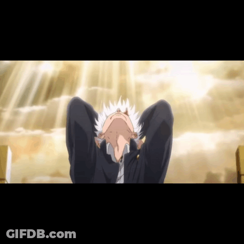 A Man With White Hair Is Looking Up With His Hands Behind His Head GIF