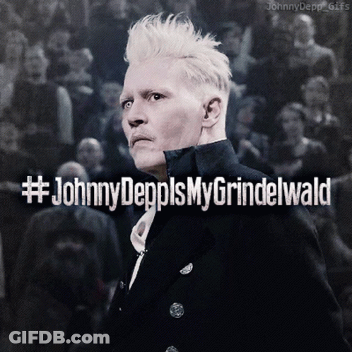 A Man With White Hair Is Standing In Front Of A Crowd With # Johnny Deppls My Grindelwald Written On The Bottom GIF