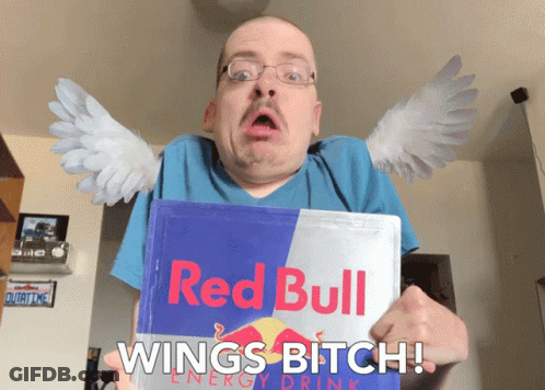A Man With Wings Holds A Bag Of Red Bull Energy Drink GIF