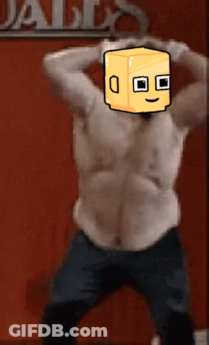 A Man Without A Shirt Has A Yellow Box On His Head GIF