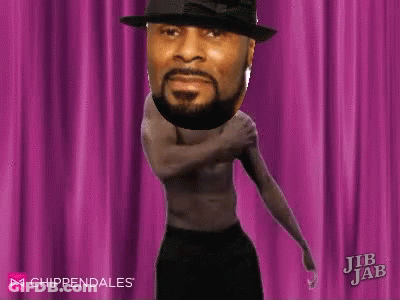 A Man Without A Shirt Is Dancing In Front Of A Pink Curtain With His Head On His Shoulder . GIF