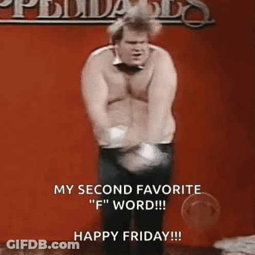 A Man Without A Shirt Is Dancing In Front Of A Red Background With The Words My Second Favorite " F " Word Happy Friday GIF