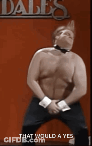 A Man Without A Shirt Is Dancing In Front Of A Sign That Says Dale 'S GIF