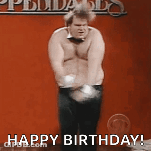 A Man Without A Shirt Is Dancing In Front Of A Sign That Says Happy Birthday ! GIF