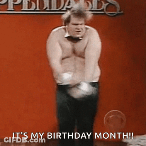 A Man Without A Shirt Is Dancing In Front Of A Sign That Says It 'S My Birthday Month GIF
