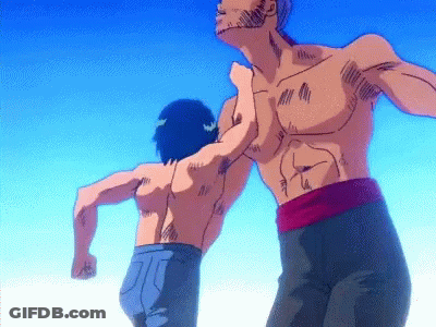A Man Without A Shirt Is Fighting Another Man In A Cartoon GIF