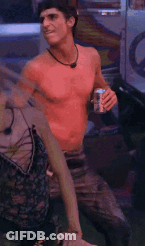 Man Without Shirt Holding Beer Next To Woman In Dress GIF