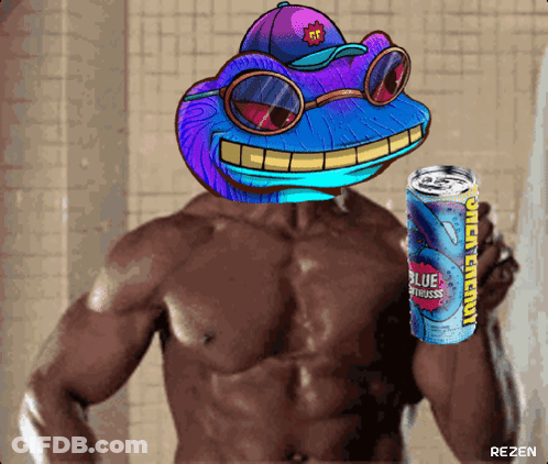 A Man Without A Shirt Is Holding A Can Of Open Energy GIF