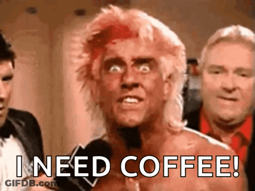 A Man Without A Shirt Is Holding A Microphone And Says I Need Coffee GIF
