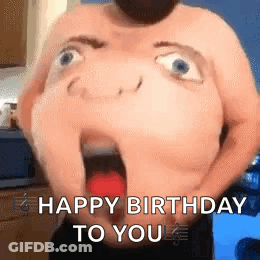 A Man Without A Shirt Is Holding A Red Balloon In His Mouth And Saying `` Happy Birthday To You '' . GIF