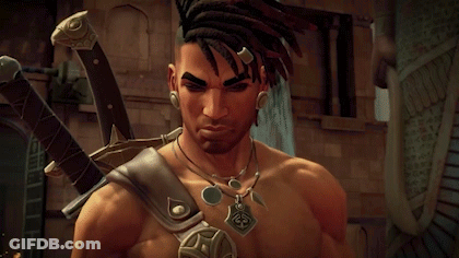 A Man Without A Shirt Is Holding A Sword And A Necklace GIF