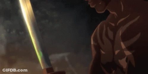 A Man Without A Shirt Is Holding A Sword In His Hand In A Dark Room . GIF