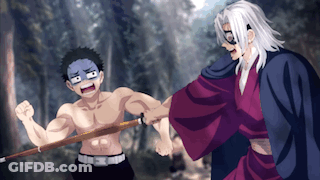 A Man Without A Shirt Is Holding A Sword While Another Man Stands Behind Him . GIF