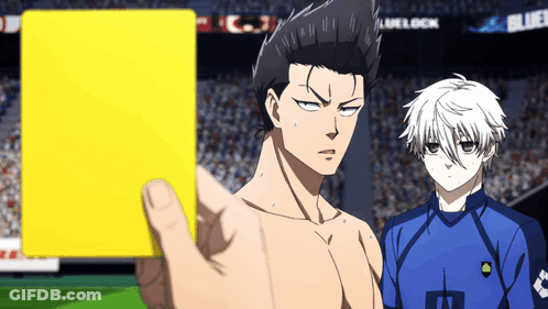 A Man Without A Shirt Is Holding A Yellow Card In Front Of A Referee GIF