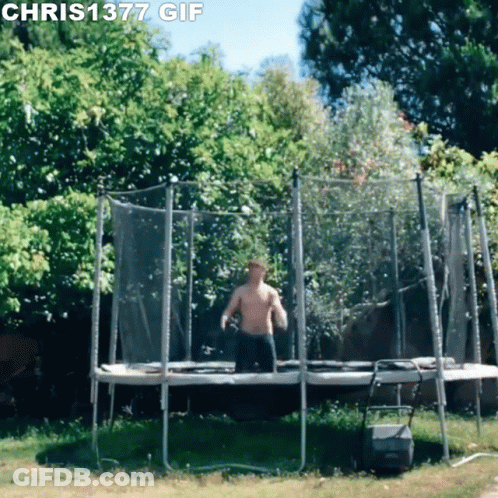A Man Without A Shirt Is Jumping On A Trampoline With Chris1377 Gif Written Above Him GIF