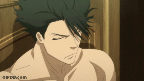 A Man Without A Shirt Is Looking Down With A Serious Look On His Face GIF